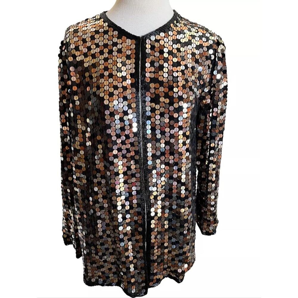Vintage Oleg Cassini Sequin Jacket Womens S Small Silk Gold Silver Beaded EUC